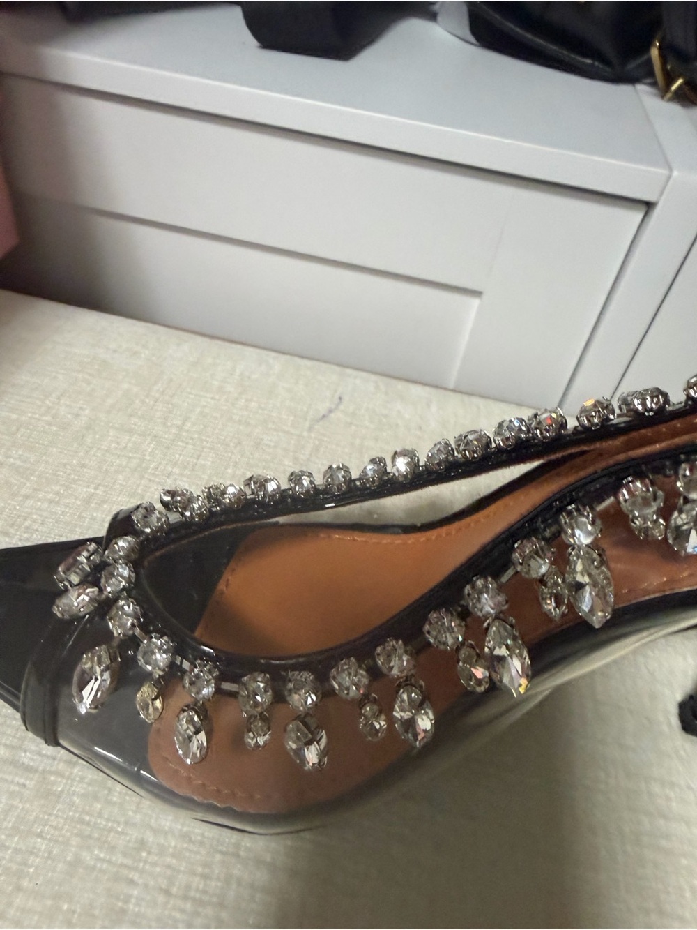 Crystal-Embellished Clear Pointed Flats - Black Trim